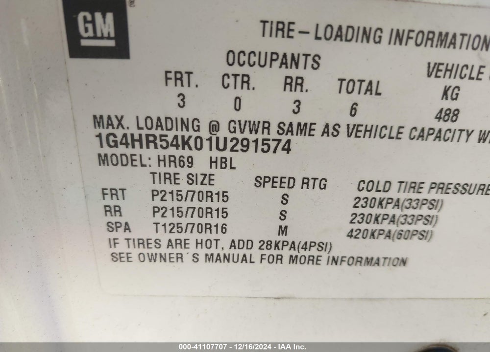 2001 BUICK LESABRE LIMITED VIN: 1G4HR54K01U291574
