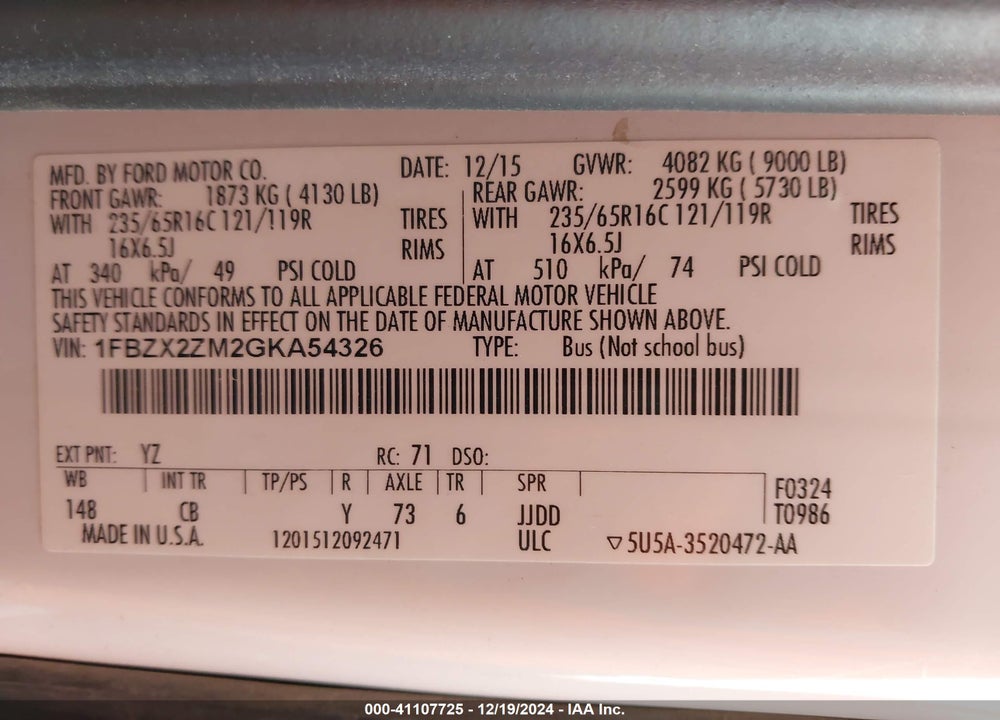 2016 FORD TRANSIT-350 XLT VIN: 1FBZX2ZM2GKA54326