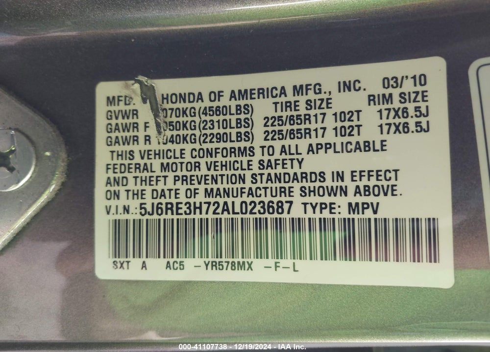 2010 HONDA CR-V EX-L VIN: 5J6RE3H72AL023687