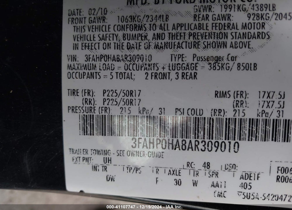 2010 FORD FUSION SE VIN: 3FAHP0HA8AR309010