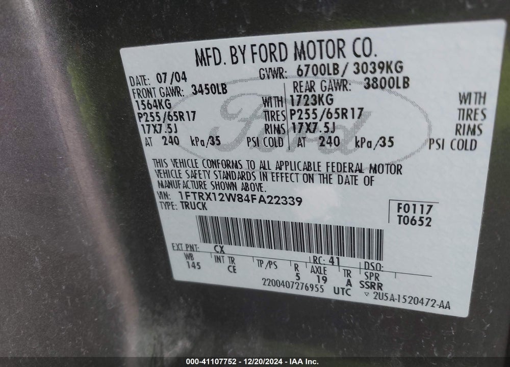 2004 FORD F-150 STX/XL/XLT VIN: 1FTRX12W84FA22339