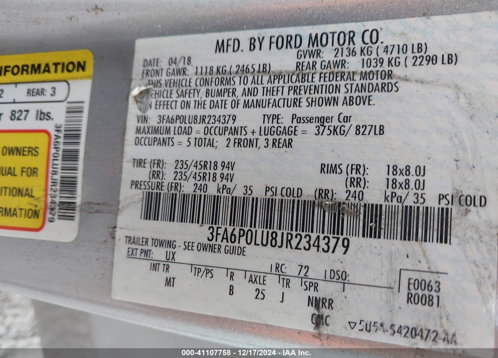 2018 FORD FUSION HYBRID SE VIN: 3FA6P0LU8JR234379