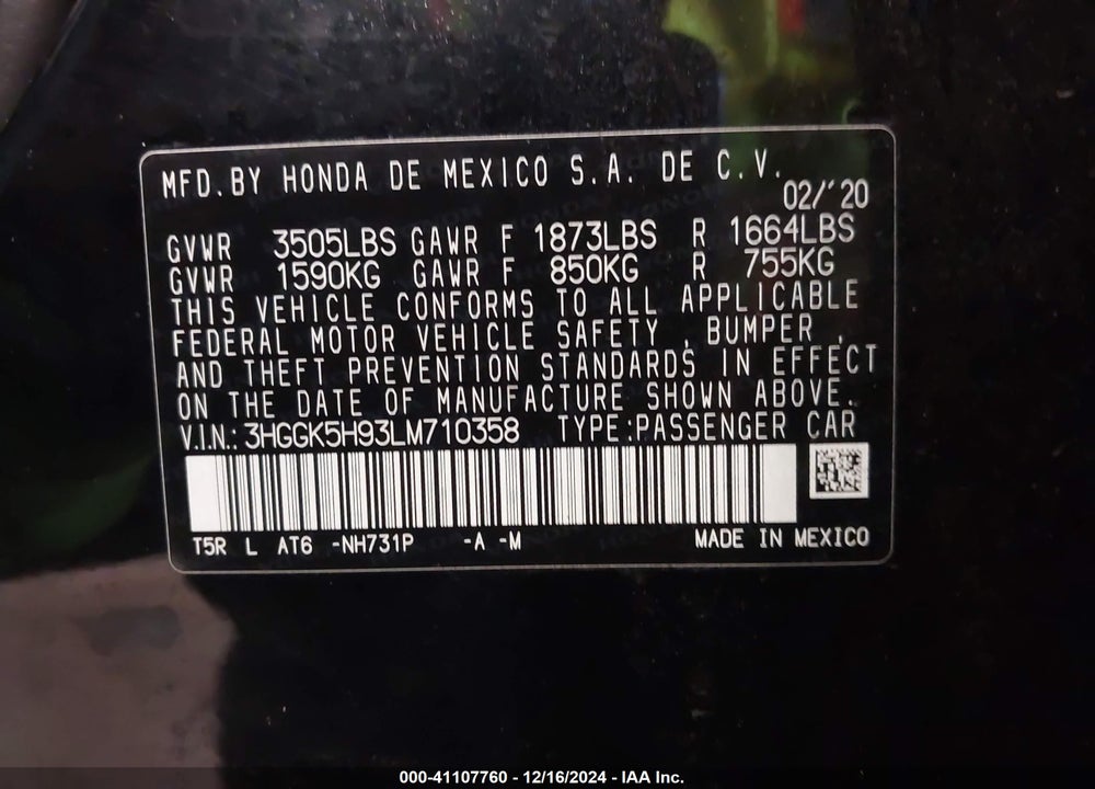 2020 HONDA FIT VIN: 3HGGK5H93LM710358