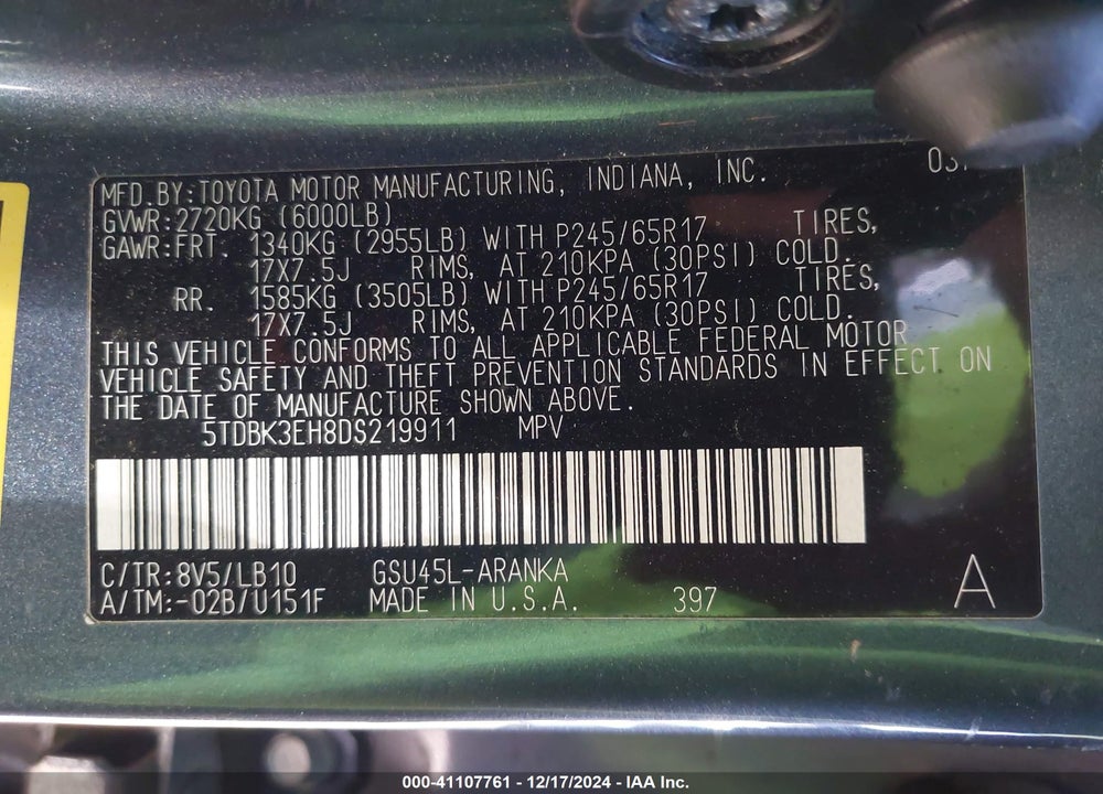 2013 TOYOTA HIGHLANDER SE V6 VIN: 5TDBK3EH8DS219911