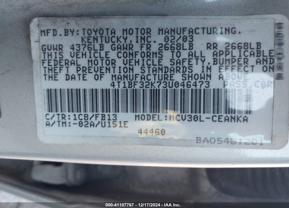 2003 TOYOTA CAMRY LE V6 VIN: 4T1BF32K73U046473