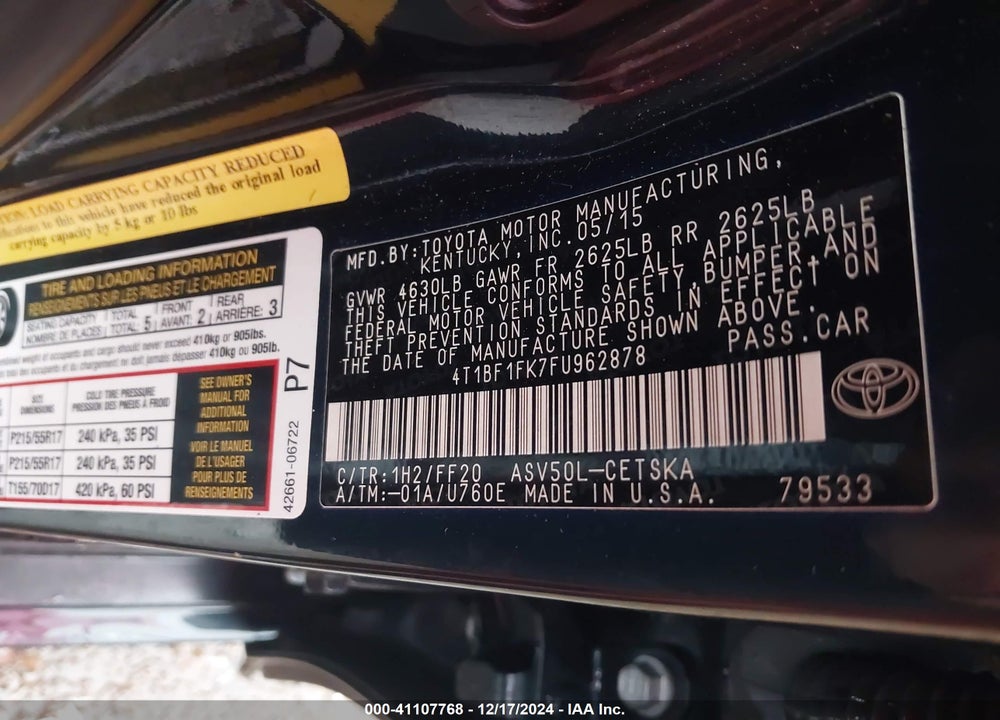2015 TOYOTA CAMRY SE VIN: 4T1BF1FK7FU962878