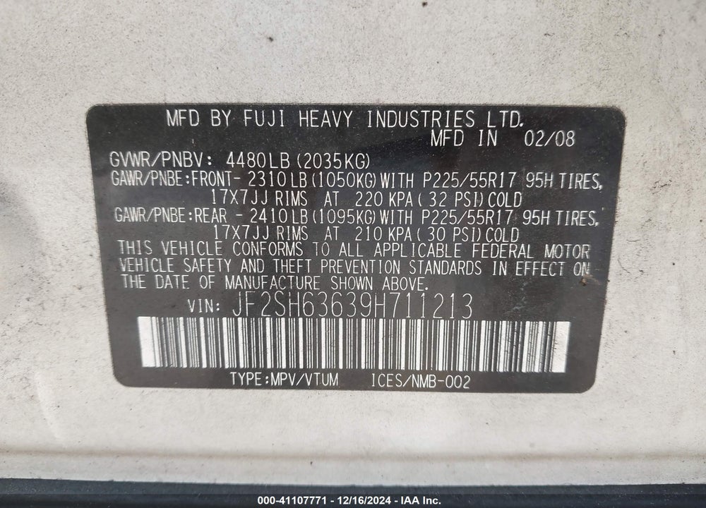 2009 SUBARU FORESTER 2.5X VIN: JF2SH63639H711213