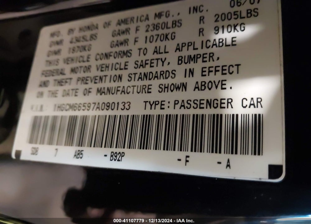 2007 HONDA ACCORD 3.0 EX VIN: 1HGCM66597A090133