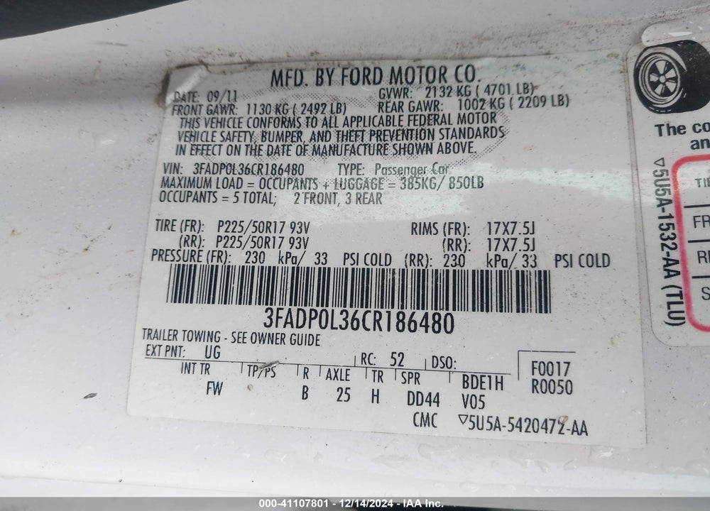 2012 FORD FUSION HYBRID VIN: 3FADP0L36CR186480