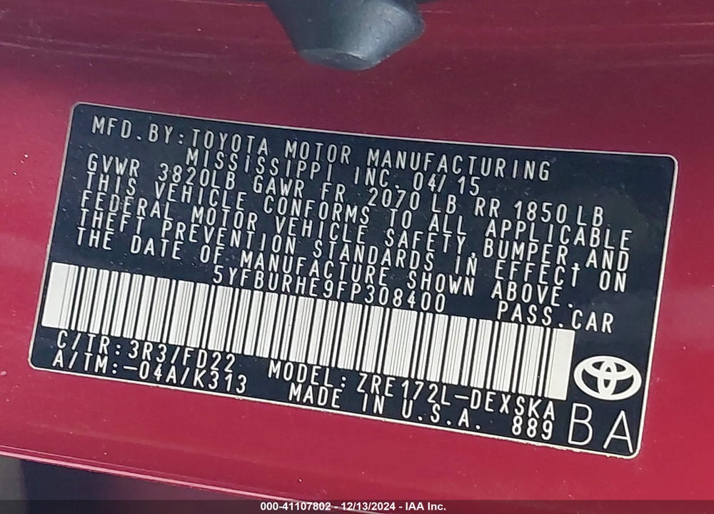 2015 TOYOTA COROLLA S PLUS VIN: 5YFBURHE9FP308400