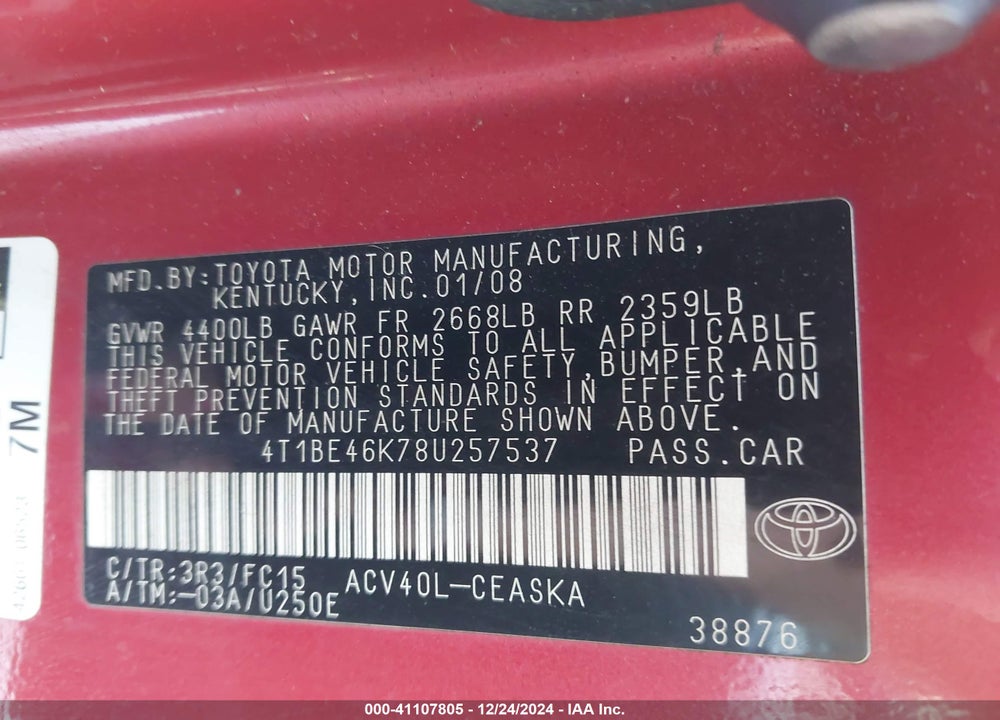 2008 TOYOTA CAMRY SE VIN: 4T1BE46K78U257537