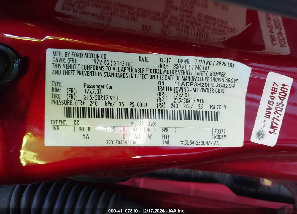 2017 FORD FOCUS SEL VIN: 1FADP3H20HL254294