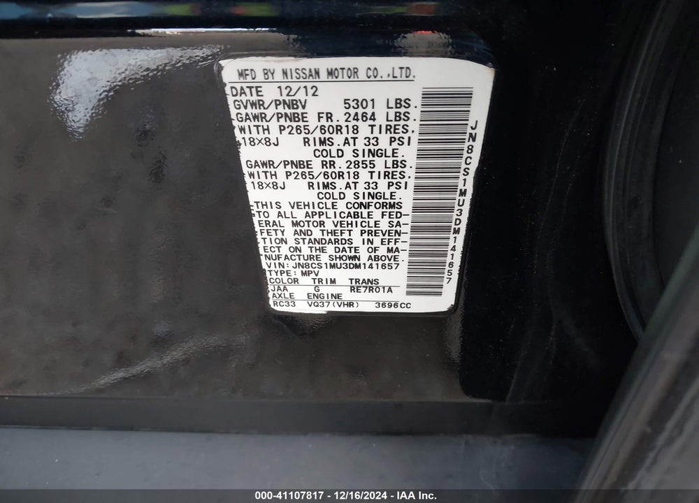 2013 INFINITI FX37 VIN: JN8CS1MU3DM141657
