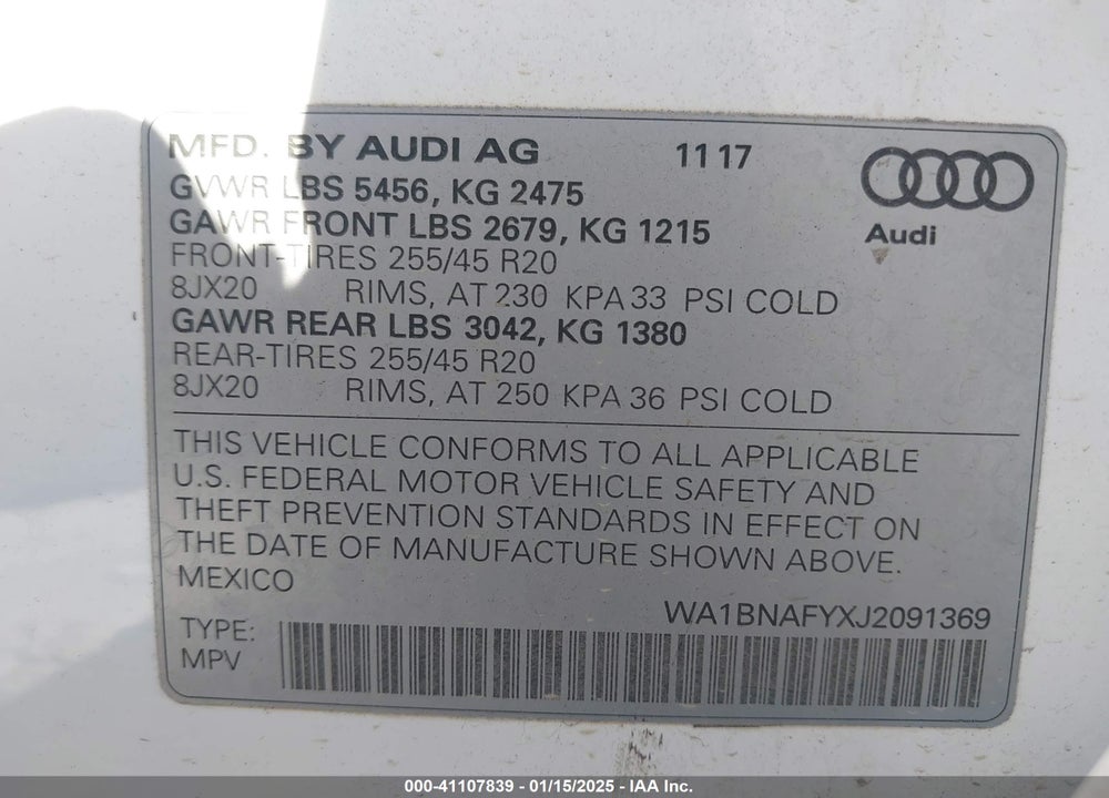 2018 AUDI Q5 2.0T PREMIUM/2.0T TECH PREMIUM VIN: WA1BNAFYXJ2091369