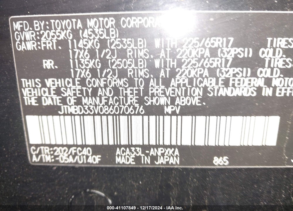 2008 TOYOTA RAV4 VIN: JTMBD33V086070676