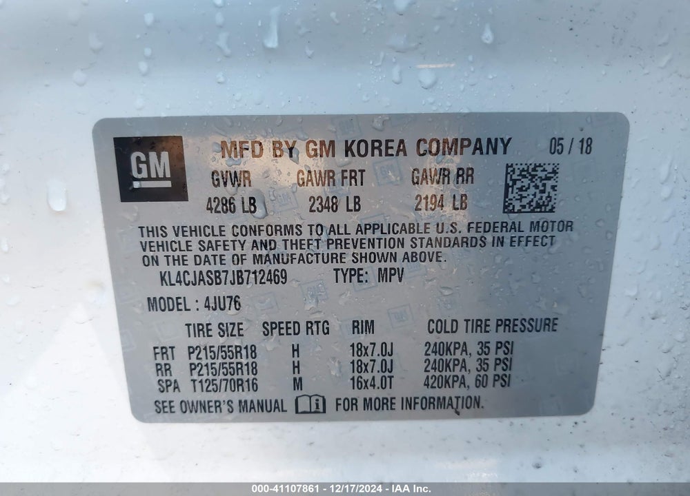2018 BUICK ENCORE VIN: KL4CJASB7JB712469