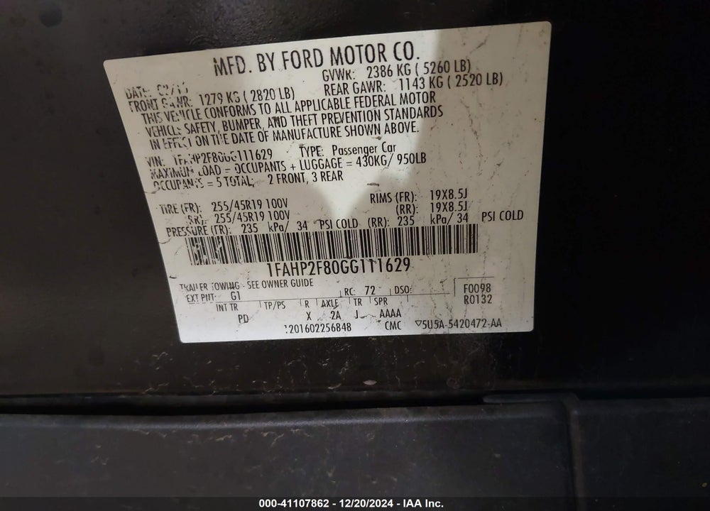 2016 FORD TAURUS VIN: 1FAHP2F80GG111629