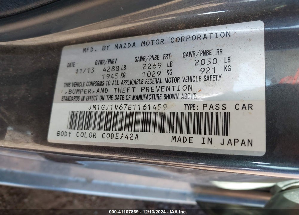 2014 MAZDA MAZDA6 VIN: JM1GJ1V67E1161459