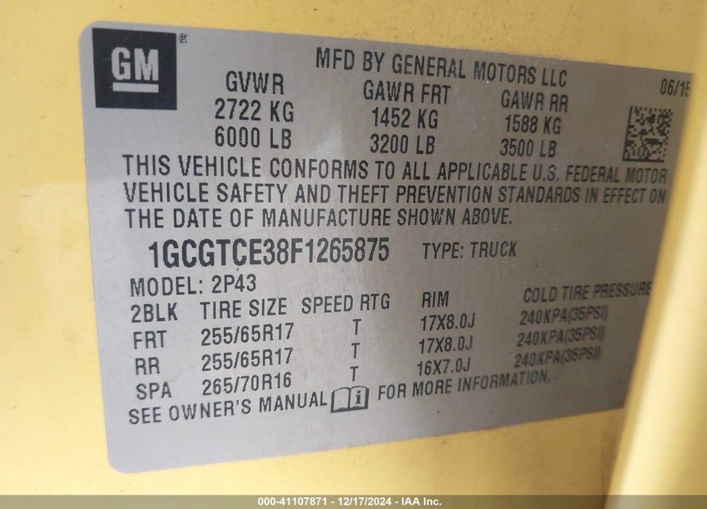 2015 CHEVROLET COLORADO VIN: 1GCGTCE38F1265875