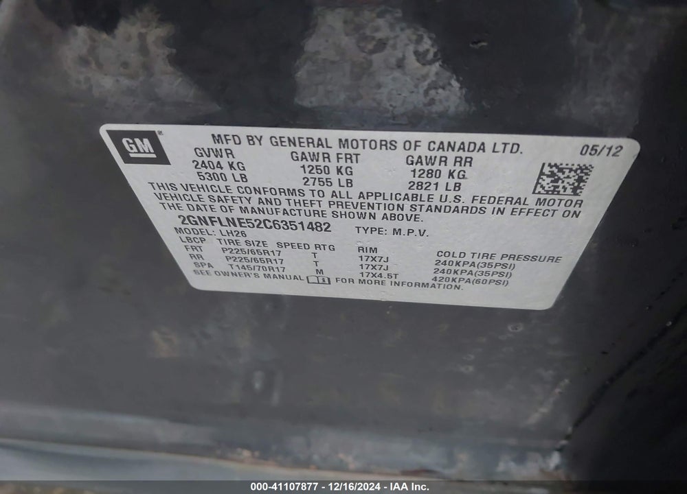 2012 CHEVROLET EQUINOX 2LT VIN: 2GNFLNE52C6351482