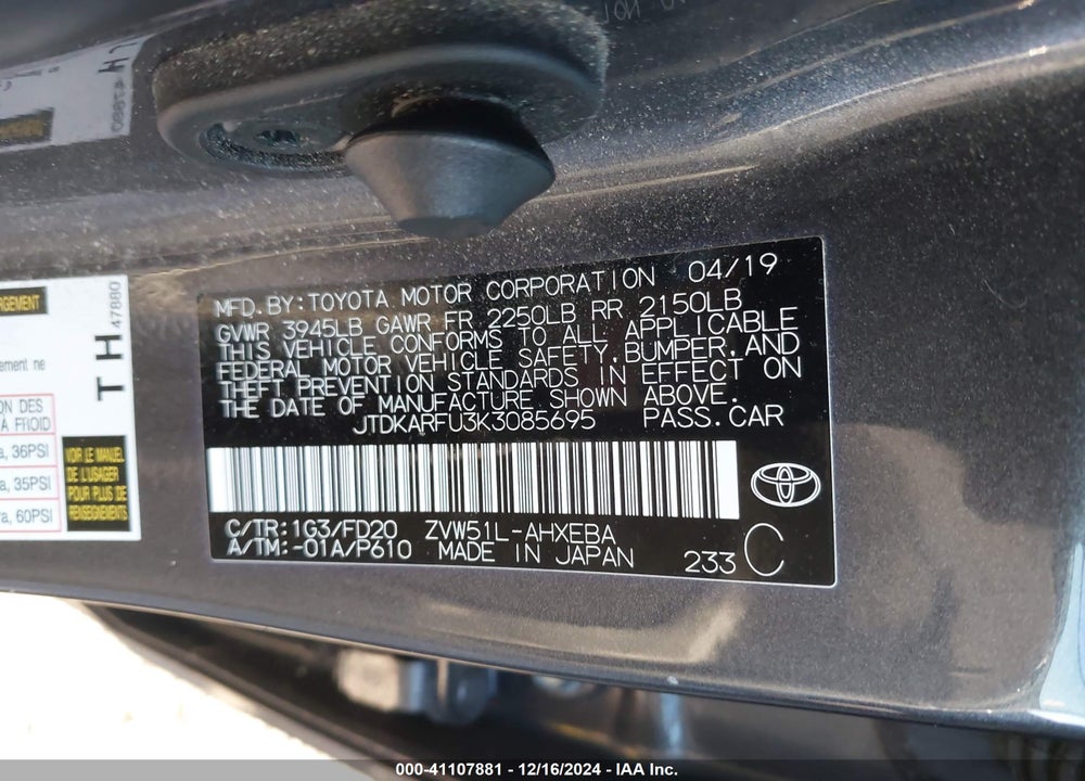 2019 TOYOTA PRIUS LE VIN: JTDKARFU3K3085695