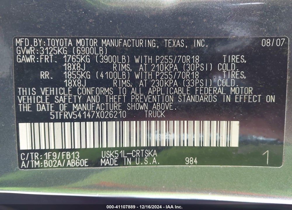 2007 TOYOTA TUNDRA SR5 V8 VIN: 5TFRV54147X026210