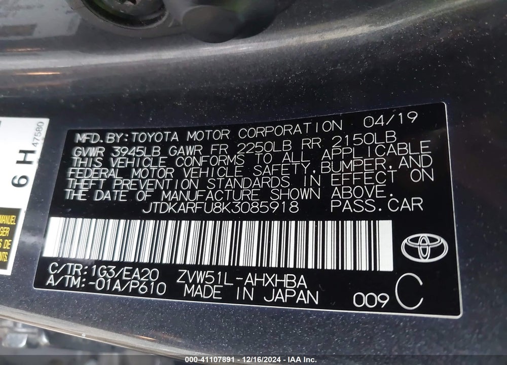 2019 TOYOTA PRIUS VIN: JTDKARFU8K3085918
