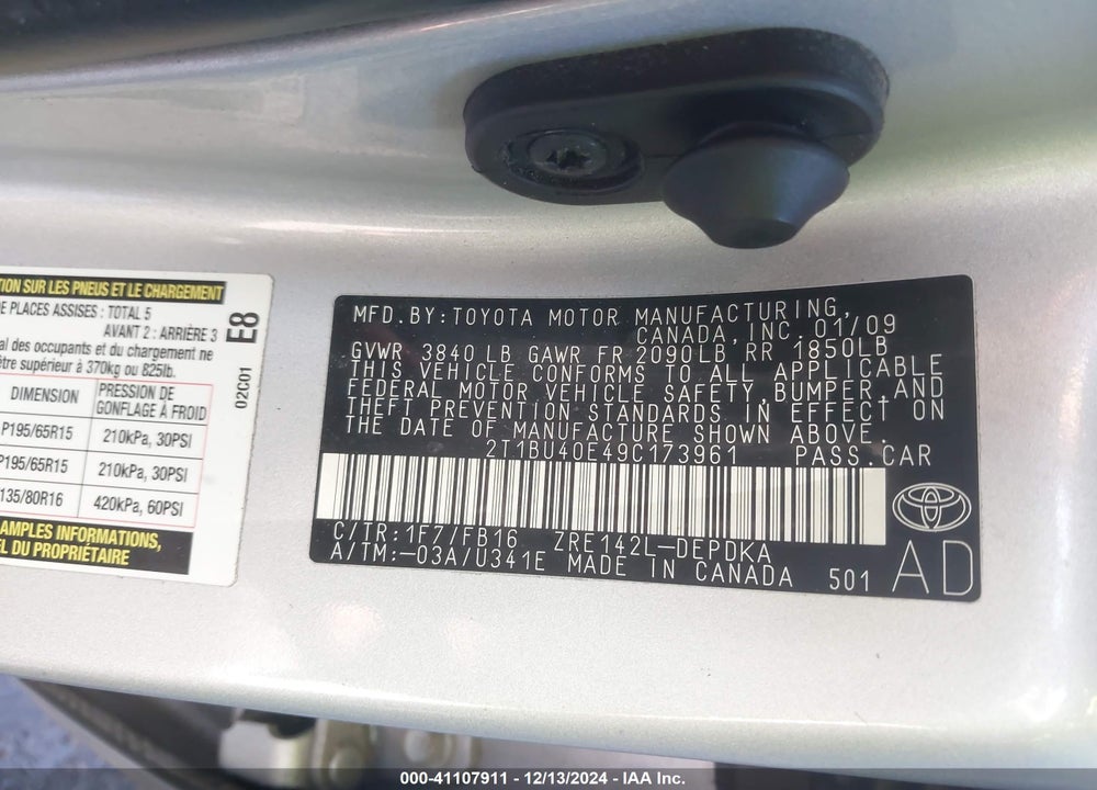 2009 TOYOTA COROLLA LE VIN: 2T1BU40E49C173961