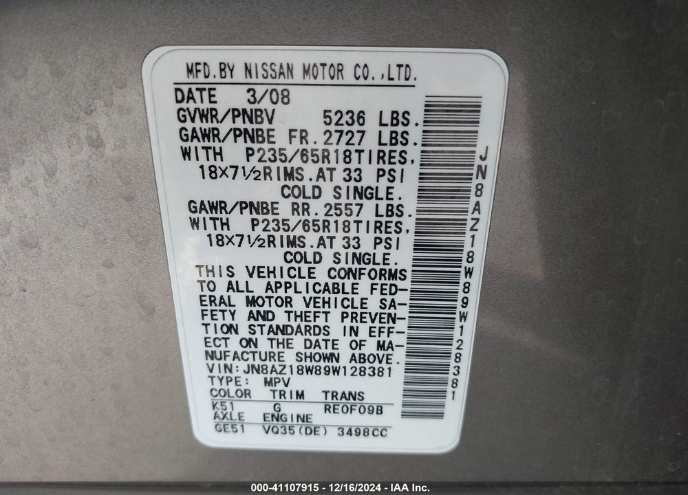 2009 NISSAN MURANO SL VIN: JN8AZ18W89W128381