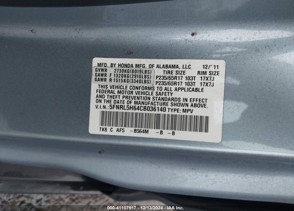 2012 HONDA ODYSSEY EX-L VIN: 5FNRL5H64CB036140