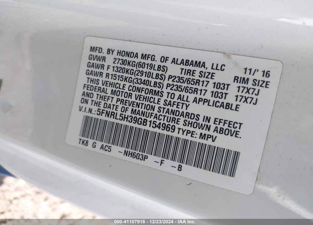 2016 HONDA ODYSSEY SE VIN: 5FNRL5H39GB154969