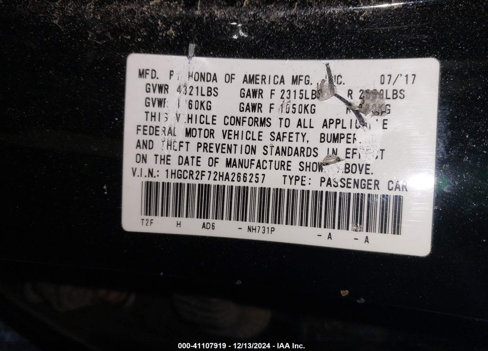 2017 HONDA ACCORD VIN: 1HGCR2F72HA266257