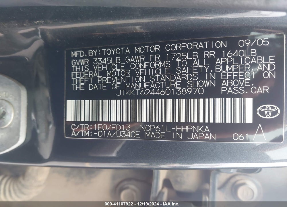 2006 SCION XA VIN: JTKKT624460138970