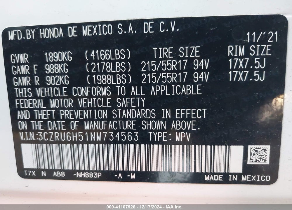 2022 HONDA HR-V AWD EX VIN: 3CZRU6H51NM734563