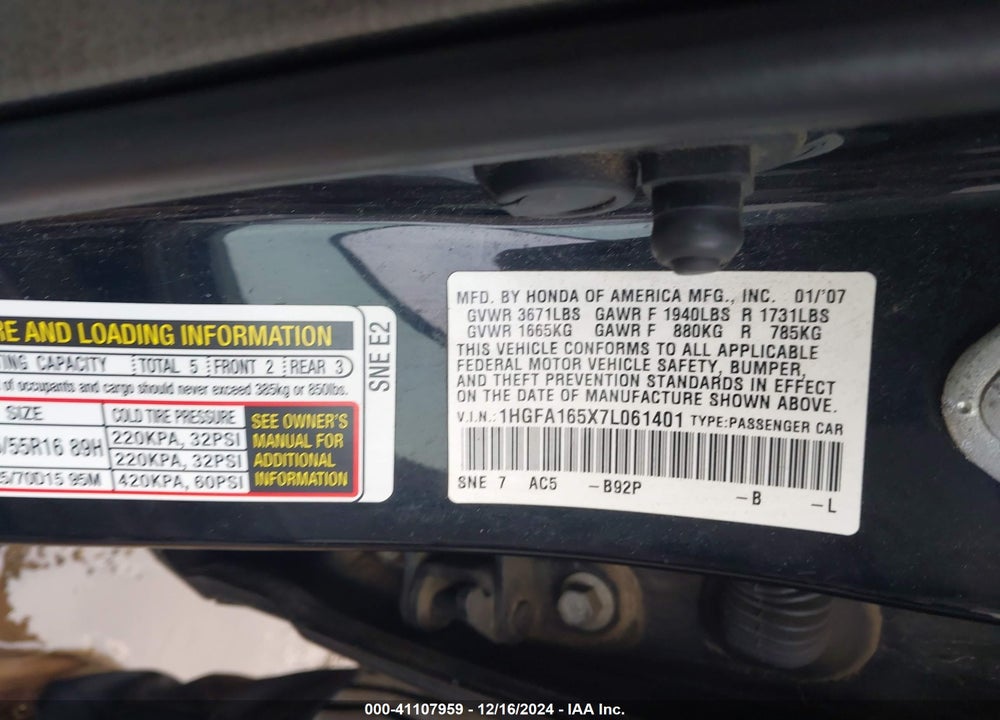 2007 HONDA CIVIC LX VIN: 1HGFA165X7L061401