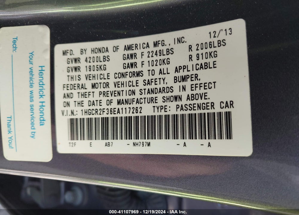 2014 HONDA ACCORD VIN: 1HGCR2F36EA117262