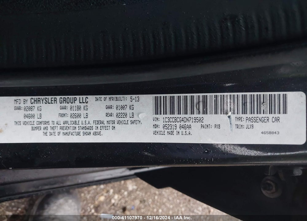 2013 CHRYSLER 200 LIMITED VIN: 1C3CCBCG4DN719502