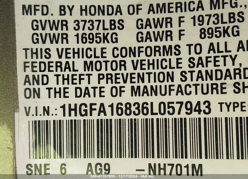 2006 HONDA CIVIC VIN: 1HGFA16836L057943