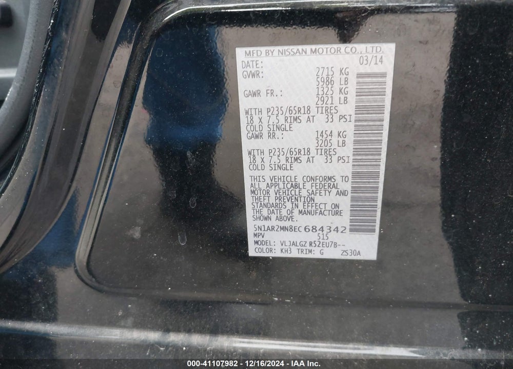 2014 NISSAN PATHFINDER SL VIN: 5N1AR2MN8EC684342