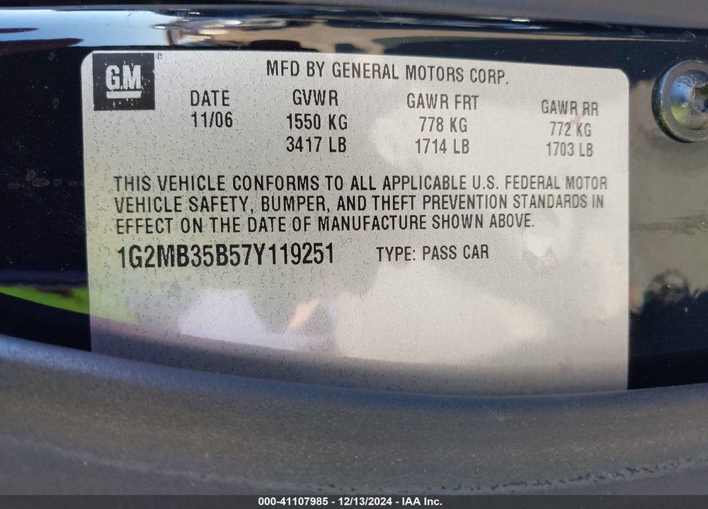 2007 PONTIAC SOLSTICE VIN: 1G2MB35B57Y119251