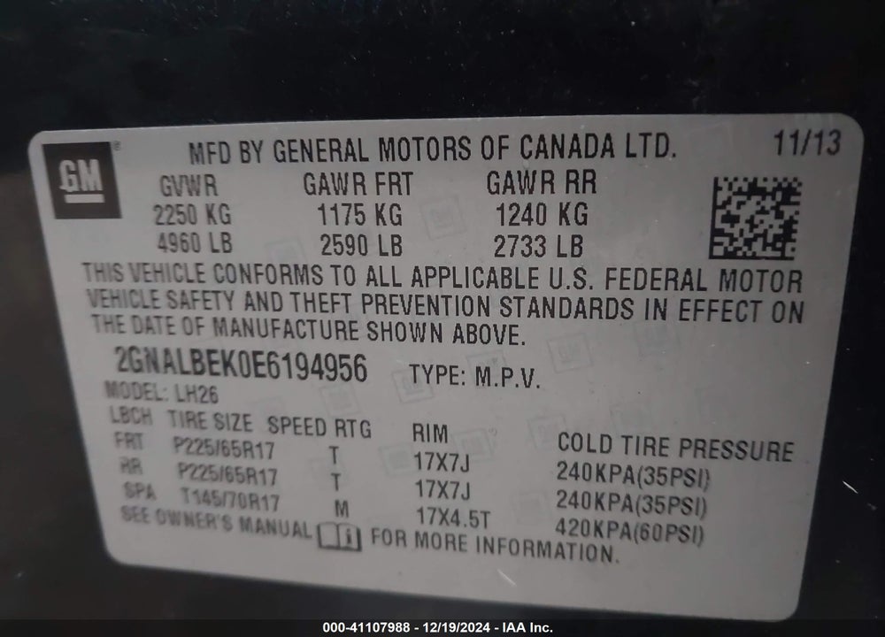 2014 CHEVROLET EQUINOX 1LT VIN: 2GNALBEK0E6194956