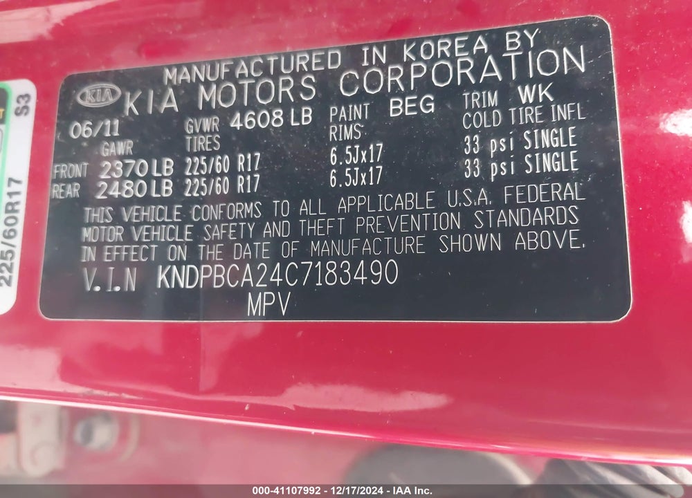 2012 KIA SPORTAGE LX VIN: KNDPBCA24C7183490