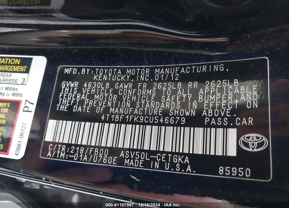 2012 TOYOTA CAMRY XLE VIN: 4T1BF1FK9CU546679