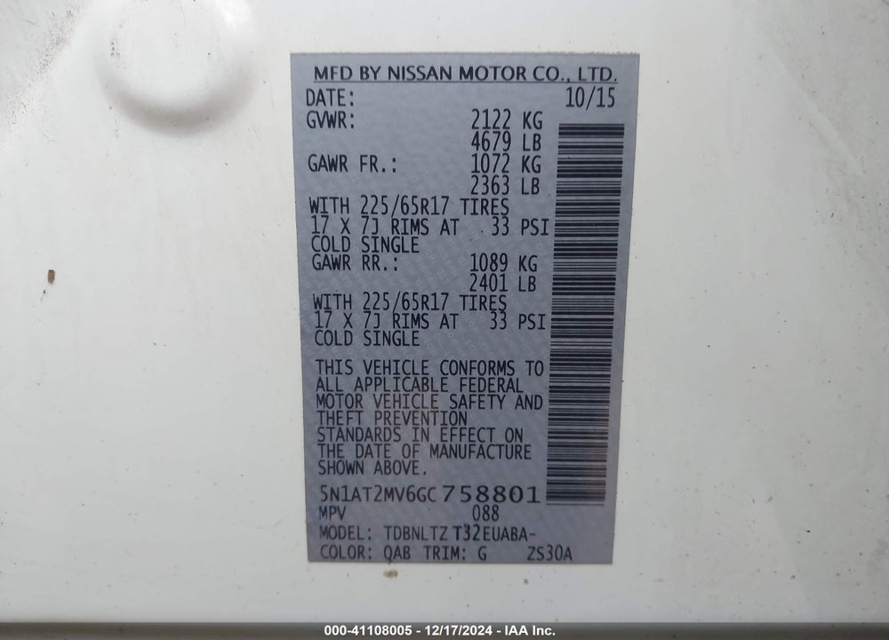 2016 NISSAN ROGUE SV VIN: 5N1AT2MV6GC758801