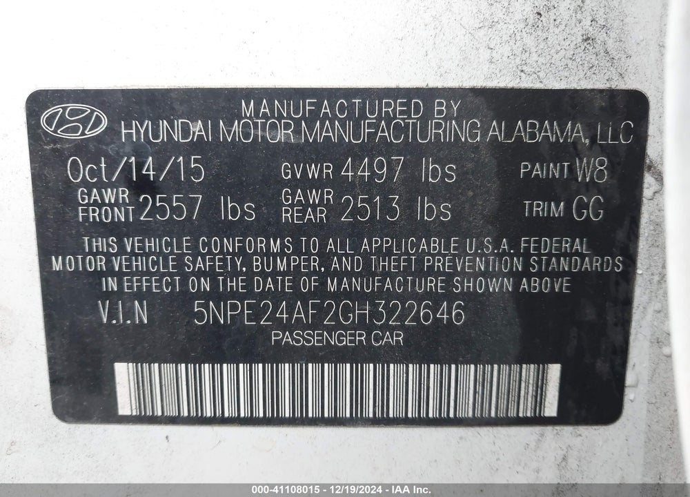 2016 HYUNDAI SONATA SE VIN: 5NPE24AF2GH322646