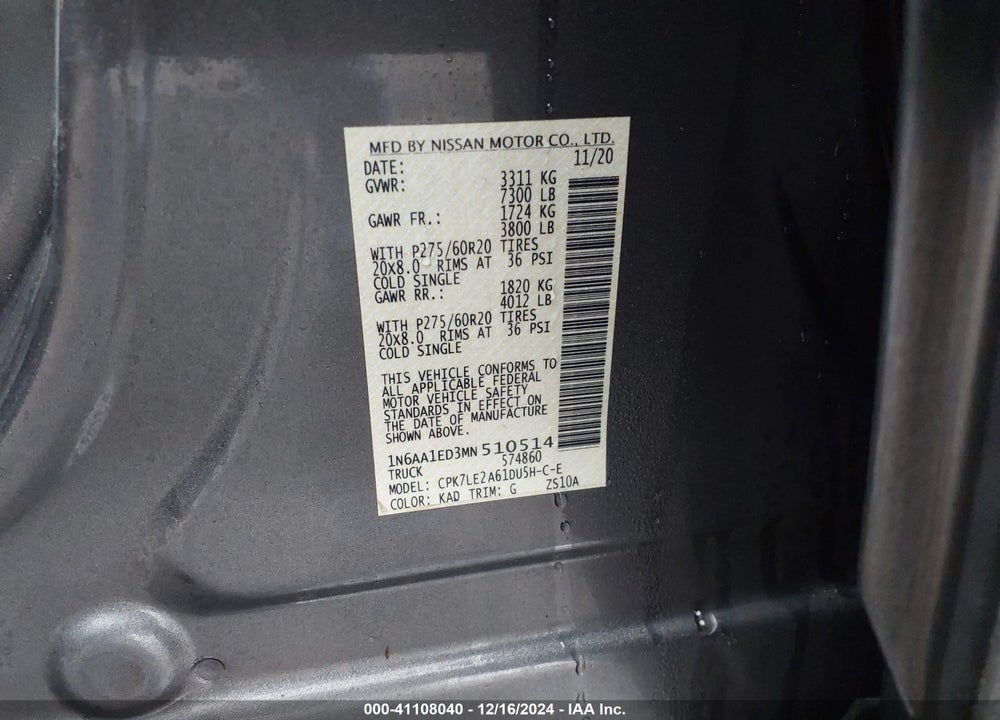 2021 NISSAN TITAN VIN: 1N6AA1ED3MN510514