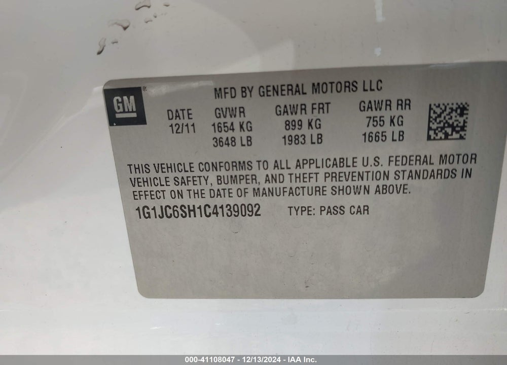 2012 CHEVROLET SONIC VIN: 1G1JC6SH1C4139092