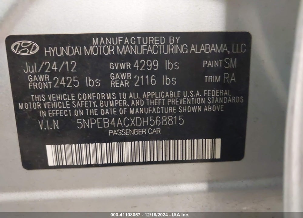 2013 HYUNDAI SONATA VIN: 5NPEB4ACXDH568815