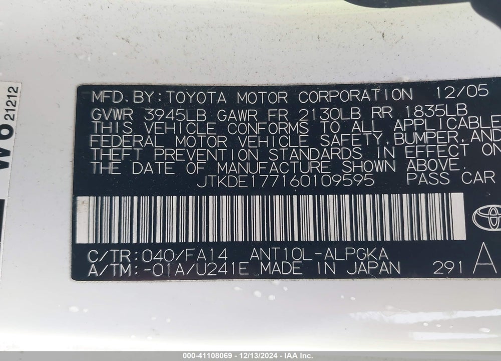 2006 SCION TC VIN: JTKDE177160109595