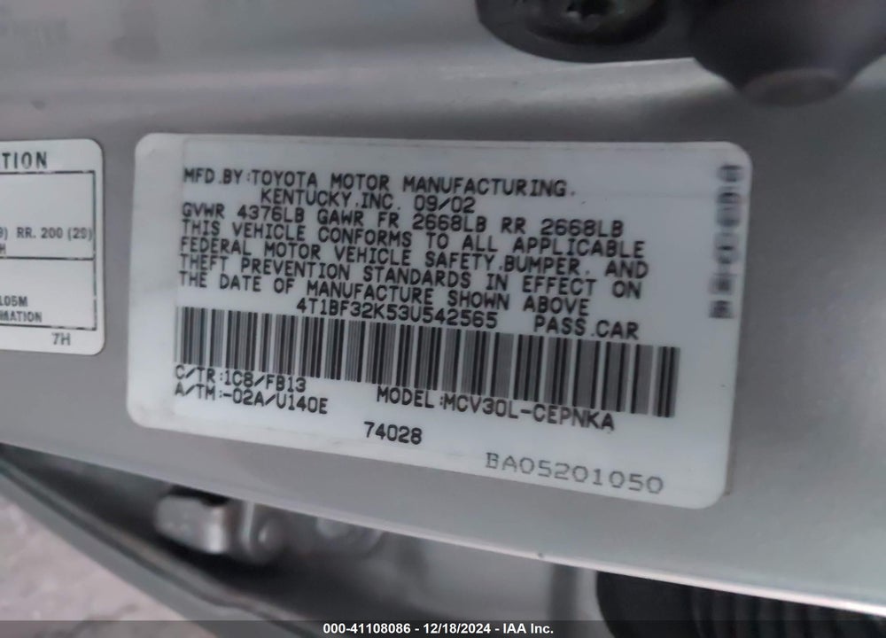 2003 TOYOTA CAMRY LE V6 VIN: 4T1BF32K53U542565